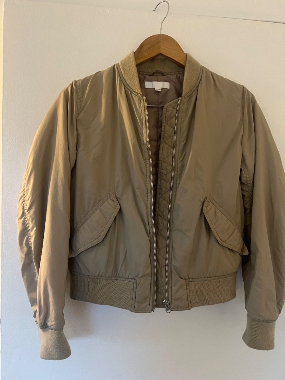 Uniqlo Tan Khaki Bomber Jacket XS Ribbed Collar Zip Up Cropped Utility Coat - Picture 3 of 5